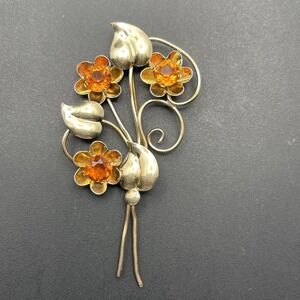 Art Nouveau Flower Pin Brooch Gold Filled 1/20 12K Signed TF 3” Orange Stones
